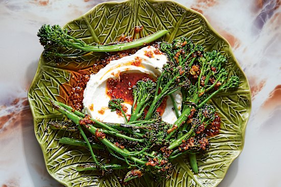 Grilled broccolini with ‘everything bagel’ chilli oil.