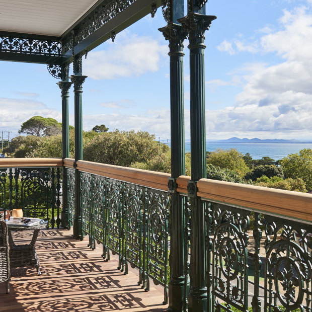 The view across Port Phillip Bay from one of the restored 1888 hotel’s balconies.