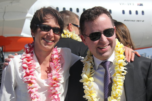 Jayne Hrdlicka with Qantas boss Alan Joyce in 2013.