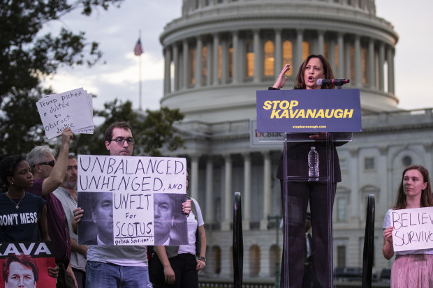 Rallying against Supreme Court nominee Brett Kavanaugh in 2018. Kamala Harris’s Senate questioning of him was called “nasty” by then President Trump. 