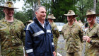 Defence Minister Richard Marles meeting Australian troops during the Queensland storm earlier this month.
