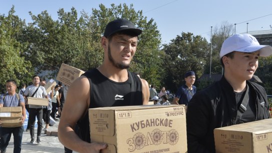 Volunteers collect food to send in support of people left homeless during the fighting near the Kyrgyz-Tajik border Bishkek, Kyrgyzstan on Saturday, September 17.