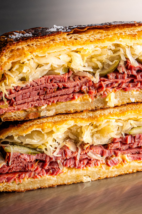 The Reuben pretzel croissant with Russian dressing, house-made pastrami, gruyere, sauerkraut and pickles.