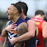 Shai Bolton celebrates kicking a goal during Saturday’s win over Gold Coast.