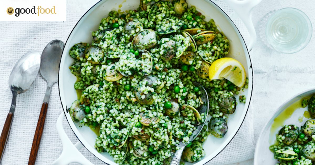 Italian recipe for Sardinian-style vongole (clams) with fregola (pasta), peas and parsley pesto