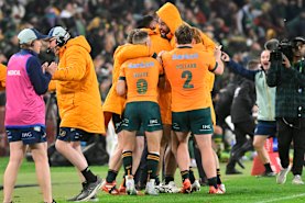 The Wallabies celebrate a famous victory at Ellis Park.