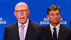 Peter Dutton and Angus Taylor at a press conference in Liverpool, Sydney on Tuesday.