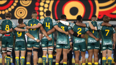 The Wallabies during Saturday's national anthem. 