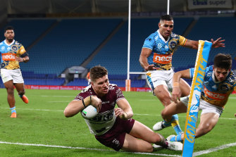 Foursome ... the Manly winger scoring one of four tries against the Gold Coast in round 15.