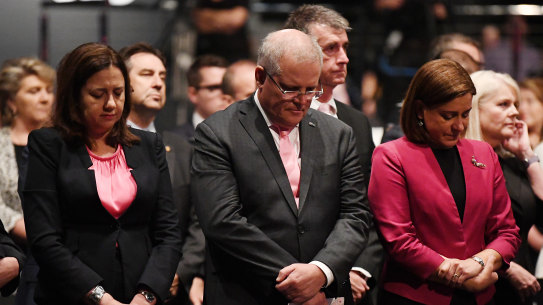 Queensland Premier Annastacia Palaszczuk, Australian Prime Minister Scott Morrison and Queensland Ppposition Leader Deb Frecklington are seen during the funeral for Hannah Clarke and her three children