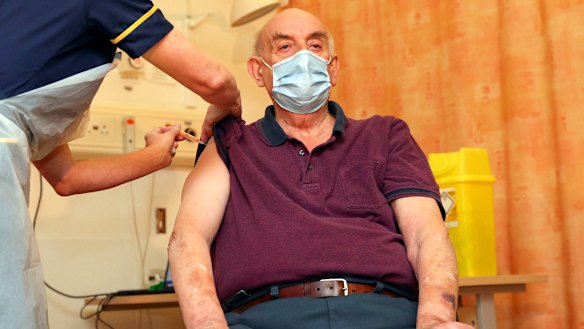 Brian Pinker, 82, receives the Oxford University/AstraZeneca COVID-19 vaccine in Oxford on January 4.