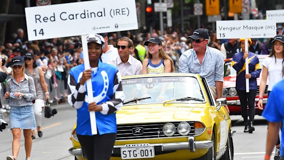 Red Cardinal's trainer, Darren Weir (right), in the 2018 Melbourne Cup parade.