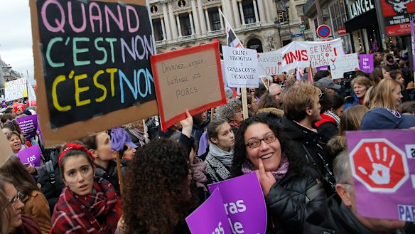 November 24 was marked as a day for nationwide marches to protest violence against women in France. Poster reads: when it's no, it's no. 