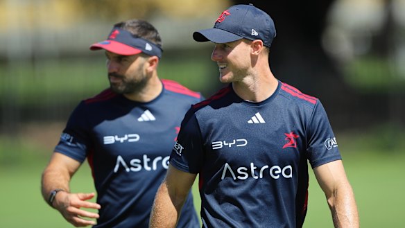 Long road to the decider: James Tedesco and Daly Cherry-Evans at Roosters training in March.