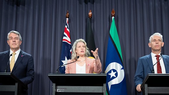 Attorney-General Mark Dreyfus, Home Affairs Minister Clare O’Neil and Immigration Minister Andrew Giles address the High Court saga on December 6.