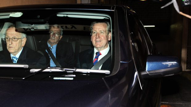 Barry O’Farrell, right, leaves the ICAC on the day he announced his resignation as Premier, April 16, 2014.