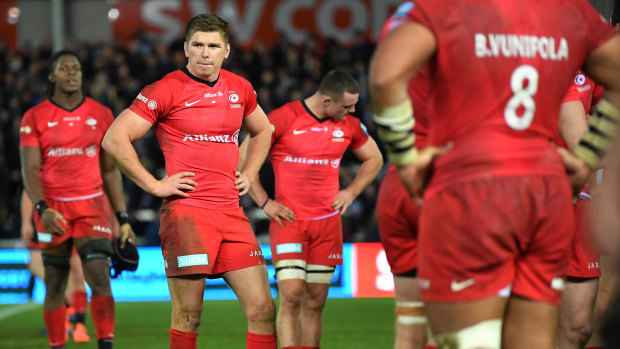 England skipper Owen Farrell stands dejected following Saracens' defeat to the Exeter Chiefs on December 29.