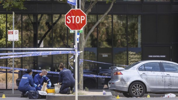 The scene of a fatal stabbing in Bourke Street, Docklands.