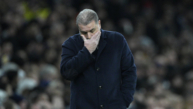 Tottenham manager Ange Postecoglou reacts after Manchester City take the lead in their FA Cup clash.