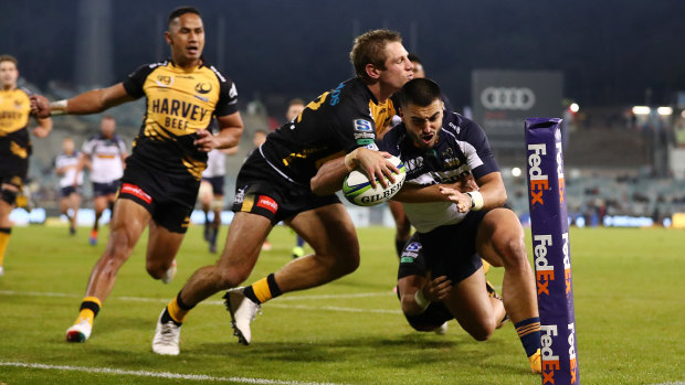 Tom Wright crosses for the Brumbies in their win over the Force, which was something of a ratings success.