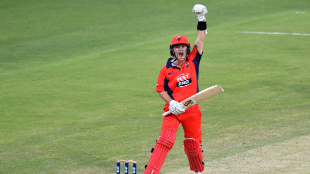 Adam Zampa of the Redbacks celebrates hitting the winning runs to win the Marsh One Day Cup match against Queensland at the Gabba in Brisbane on Wednesday.