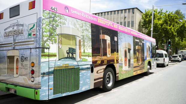 A bus wrapped in Canberra artist Trevor Dickinson's bus stop artworks which hits the roads on Wednesday.