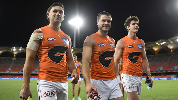 Mission accomplished - the Giants leave Metricon Stadium on the Gold Coast after their win over the Bombers.