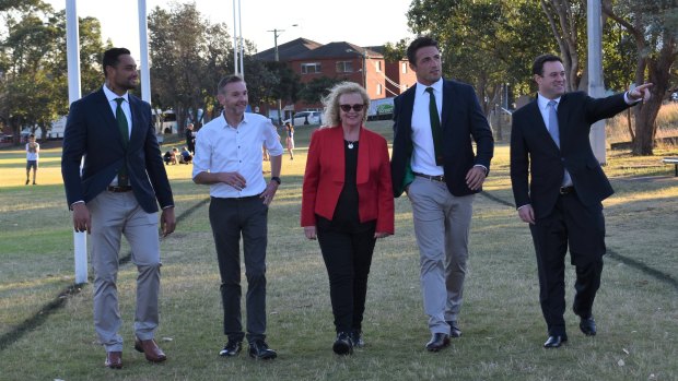 Heffron home: Souths players John Sutton and Sam Burgess with Member for Coogee Bruce Notley-Smith, Randwick City Council mayor Lindsay Shurey and NSW Sports Minister Stuart Ayres.