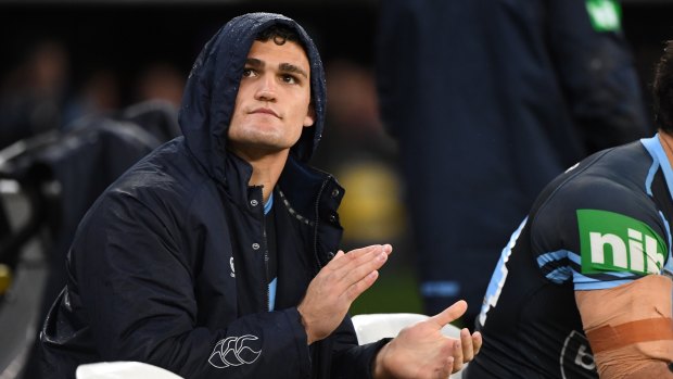 Sidelined: Nathan Cleary was forced from the field during the Blues' Origin II win but his teammates say he'll do all he can to return for the decider.