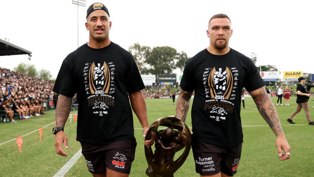 Viliame Kikau, pictured (left) with James Fisher-Harris, at Penrith’s belated grand final celebration in November, is determined to leave the Panthers with another premiership ring.