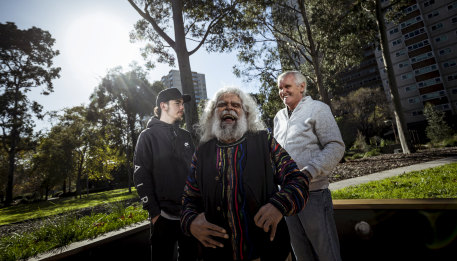 BJ Braybon, Uncle Jack Charles and Uncle Graham 'Bootsie' Thorpe at Fitzroy's Atherton Gardens.