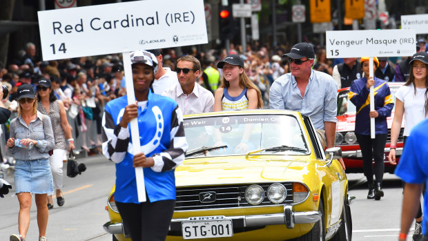 Red Cardinal's trainer, Darren Weir (right), in the 2018 Melbourne Cup parade.