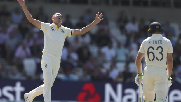 Josh Hazlewood celebrates after taking the wicket of Jos Buttler.