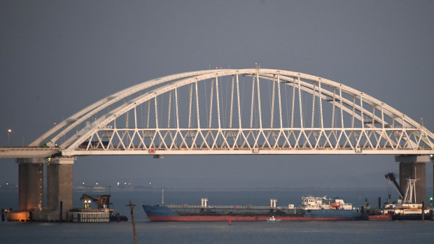 A Russian tanker blocks the passage to the Kerch Strait, Crimea.