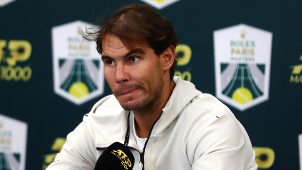 Rafael Nadal speaks to the media to announce he will not be able to play his semi-final against Denis Shapovalov.