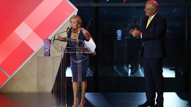 2021 Australian of the Year Grace Tame and Prime Minister Scott Morrison during the ceremony in January. 