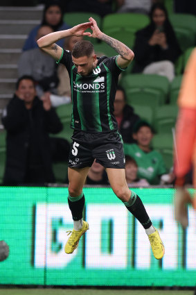 Dylan Pierias of Western United celebrates a goal.