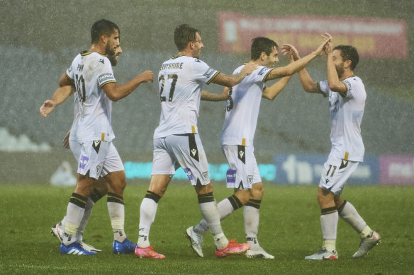 Markel Susaeta celebrates after scoring the goal that put Macarthur FC in front on the stroke of half-time.
