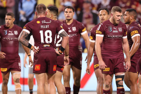 Shellshocked Maroons as NSW score another try.