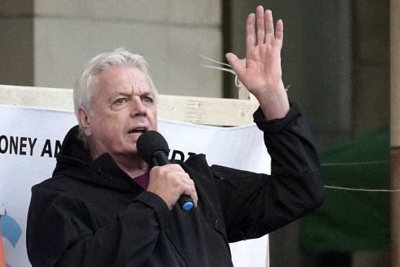 British conspiracy theorist David Icke speaks during an anti-lockdown protest last year.