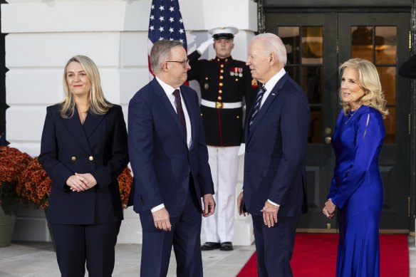 US President Joe Biden greets Prime Minister Anthony Albanese as he arrives for dinner at the White House on Tuesday night.