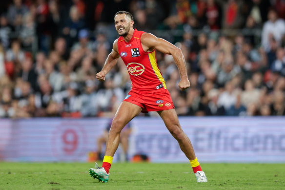 Gold Coast’s Ben Long celebrates a goal.