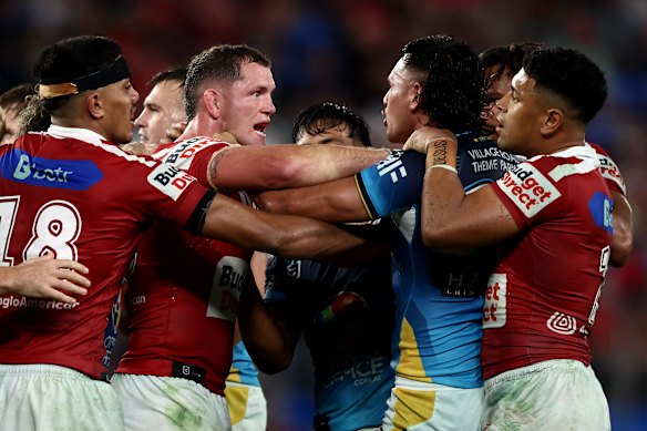 The Dolphins’ Tom Gilbert and Arama Hau embroiled in a heated exchange.