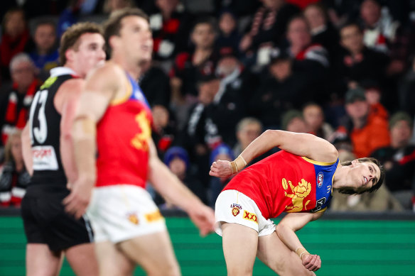 Eric Hipwood watches as his kick goes through for a goal against St Kilda.