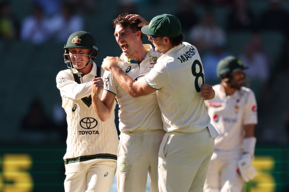 Pat Cummins collects a wicket in the second Test against Pakistan.