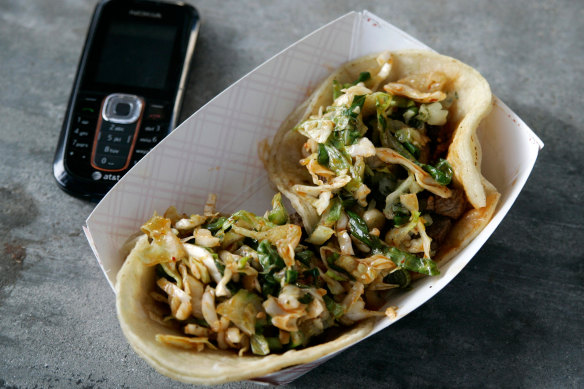 Tacos from Kogi Korean BBQ Taco truck, Los Angeles.