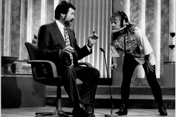Derryn Hinch hosting his TV show Hinch in 1994.