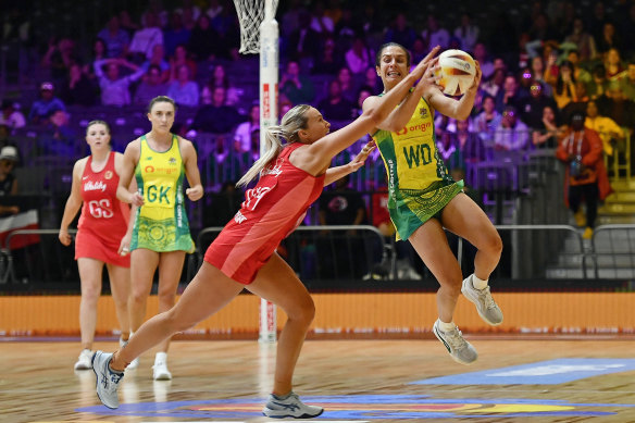 England’s Chelsea Pitman and Australia’s Ash Brazill at the earlier match in Cape Town.