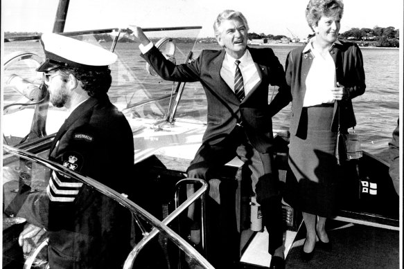 PM Bob Hawke and Hazel travel by Navy launch to the Sydney Opera House, June 23, 1987.