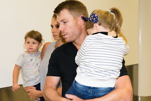 The Warner family arrives back in Sydney in March 2018.